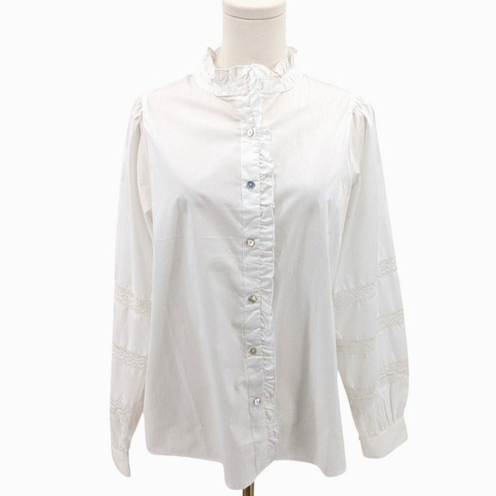 Hester & Orchard Ruffle Blouse Lace Sleeve White Cotton Romantic Size S